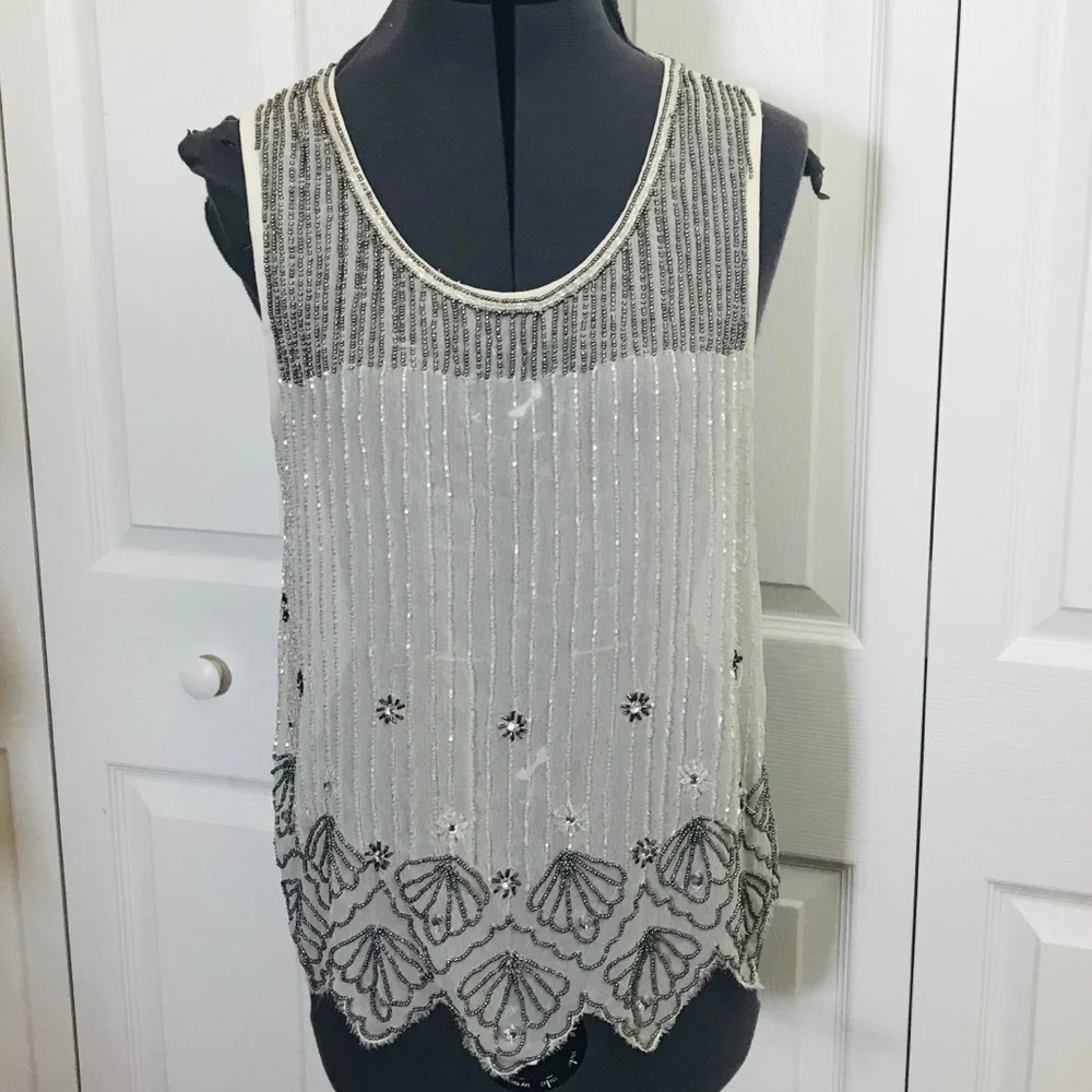 Bar III Cream Beaded Embellished Scalloped Sheer Tank Top Blouse • Size M 🔴